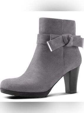 NWT Mysoft Gray Faux Suede Bow Ankle Booties Block Heel Boots Size 8